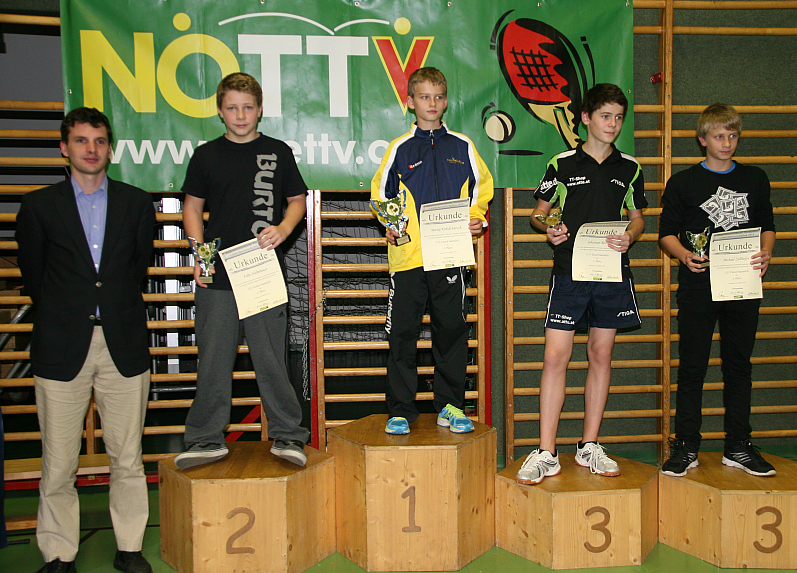 NÖTTV Landesmeisterschaften 2012 - U15 Einzel: 2. Felix Hülmbauer (St. Andrä-Wördern), 1. Maciej Kolodziejczyk (Wr. Neudorf), 3. Sebastian Rosner (Langenlois) und Michael Zellhofer (Wolfpassing).